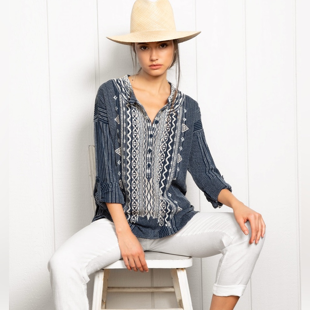 Johnny Was Jemah 100% Cotton Embroidered Oversized Tunic Blouse Navy Size XS
